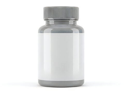 Grey plastic medicine bottle with a blank label isolated on white background