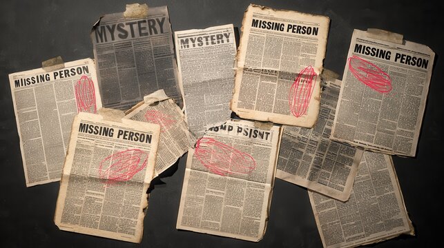 Collection of old newspapers reporting missing persons with red markings