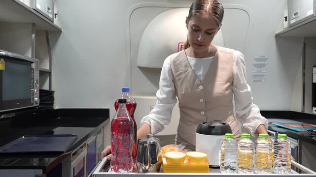 A female flight attendant wearing a uniform pushes a food cart and serves breakfast and drinks to passengers on board an international flight. (Airline Service Concept)