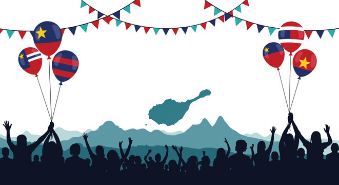 Cheering crowd silhouette holding national flag balloons at public festival celebration with island map behind.