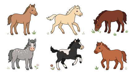 Obraz premium A collection of adorable ponies, including foals and small miniature horse breeds, depicted as miniature equine babies running, walking, grazing, standing, and frolicking in nature, rendered as flat