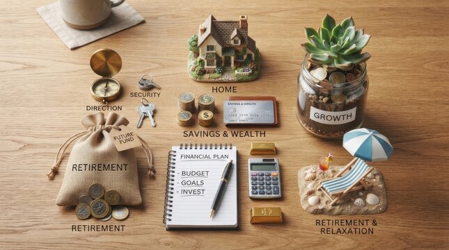 A wooden table displays a collection of items symbolizing financial security and retirement planning. A small house figurine represents homeownership, 