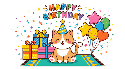 Fototapeta premium A cheerful birthday message paired with a cute cartoon cat wearing a cone hat, positioned beside gift boxes, balloons, and confetti, all set against a festive backdrop; a flat‑style illustration