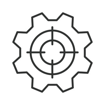 Gear with target icon in line design. Settings, preferences, aim, mechanism, engineering, process, control, goal on white background vector. Gear editable stroke icon.