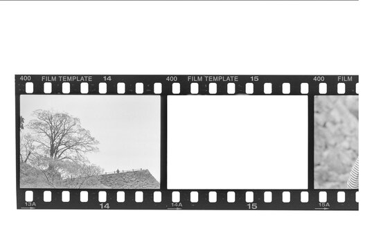 Horizontal 35mm film strip template with blank white frames on white background.