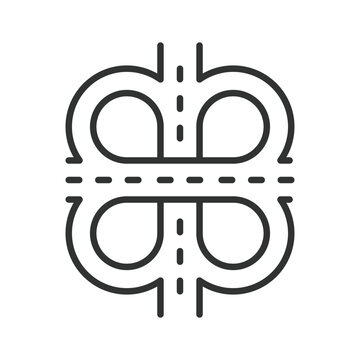 Cloverleaf interchange, icon in line design. cloverleaf interchange, cloverleaf junction, highway cloverleaf, freeway interchange on white background vector. Editable stroke icon.