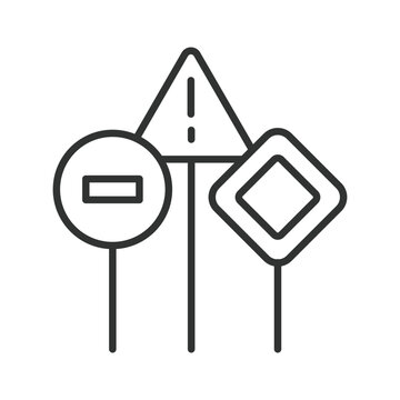 Road signs and traffic warning icon in line design. Road sign, traffic, warning, prohibition, navigation, safety, street on white background vector. Road signs and traffic warning editable stroke icon