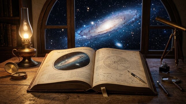 An elderly scholar sits at a wooden desk, illuminated by the warm glow of a vintage oil lamp. He studies an open, antique book filled with astronomical charts and diagrams.