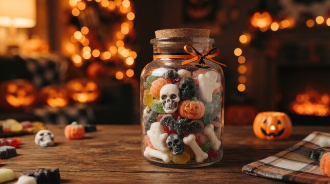 Halloween Candy Jar with Skulls and Pumpkin Gummies