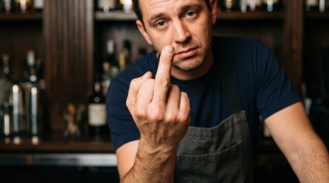 Bartender Displaying Middle Finger Gesture in Bar Setting