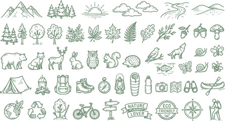 Obraz premium Forest Nature Element Hand Drawn Outline Doodle Set