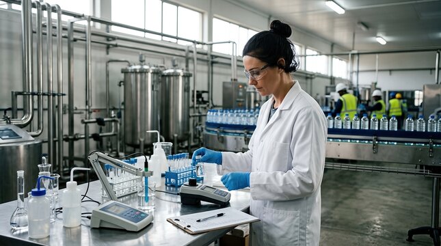 QC staff at the industry scientist plant inspect and test the quality of water products on the drinking water production line