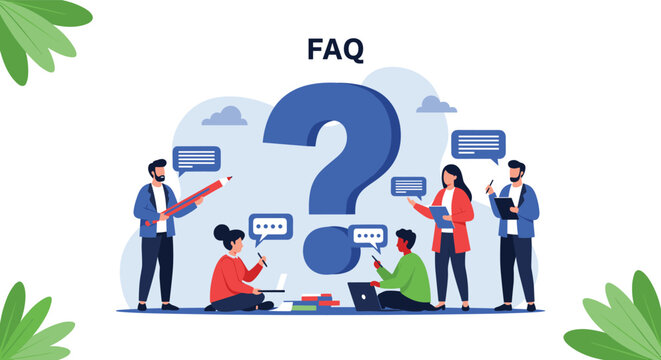 Group of people discussing and searching for solutions around a giant question mark on a FAQ webpage.