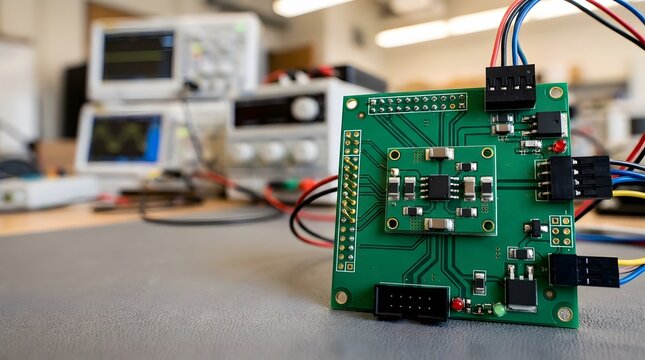 green printed circuit board with electronic components and connectors for embedded technology development electronics engineering hardware prototyping automation and industrial innovation