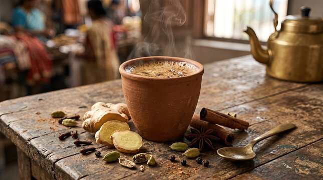 Traditional cup of masala chai infused with ginger, cardamom, and spices
