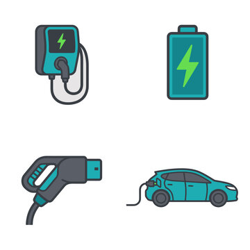 Electric vehicle charging icons set for eco friendly transport