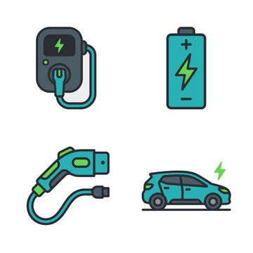 Electric vehicle charging station icon set