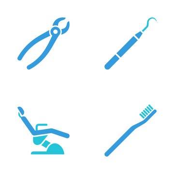 Blue dental icons set featuring professional dentistry tools and chair