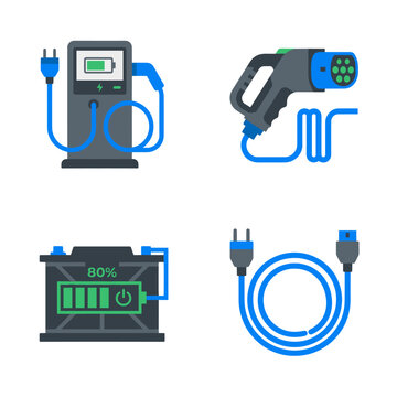 Electric vehicle charging station icons and battery equipment