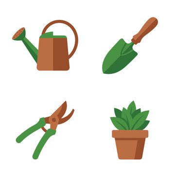 Gardening tools and potted plant flat vector icon collection