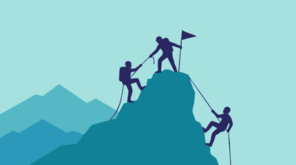 Fototapeta premium Mountain climbers demonstrating teamwork and achievement on a peak