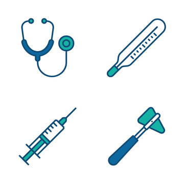 Flat medical icon set with syringe and stethoscope on white background