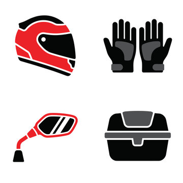 Motorcycle safety equipment and parts vector icon set