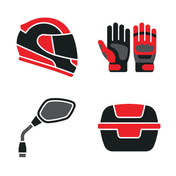 Motorcycle gear and safety equipment icons set in red and black