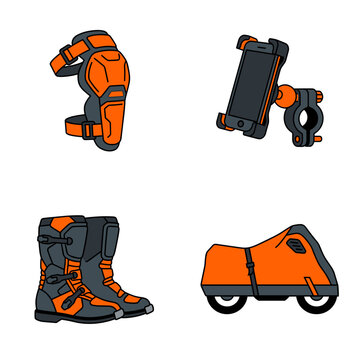Motorcycle safety gear and travel accessories icon set