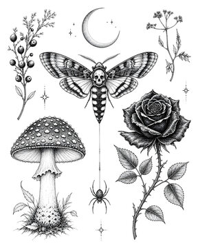 Dark botanical and occult tattoo flash sheet with deathhead moth and rose