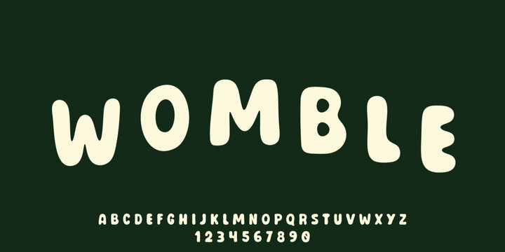 Womble is a cute organic handwritten vector font featuring soft cream letters on deep green background. Perfect for eco branding, bakery packaging, storybooks, stickers, and crafts.