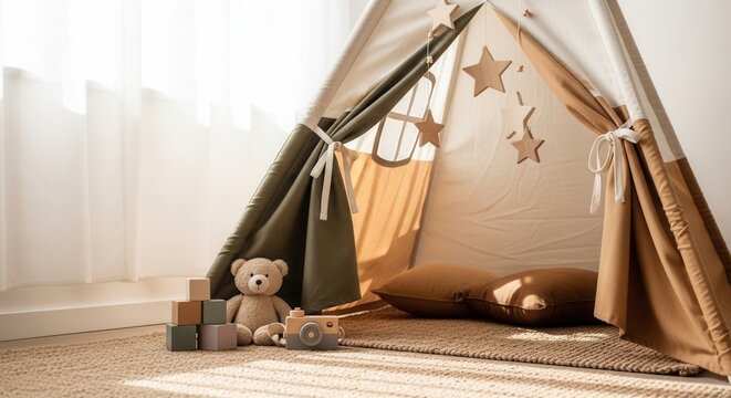 Cozy Indoor Play Tent With Teddy Bear And Wooden Blocks For Children