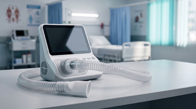 Modern digital spirometer or respiratory device with a tube on a table in a hospital room. Pulmonary function testing and lung health concept
