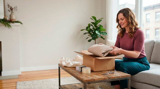 Woman Repacking Unwanted Holiday Gift for Ecommerce Return