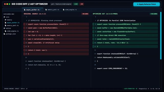 Software code comparison interface showing original source and optimized script for refactoring.