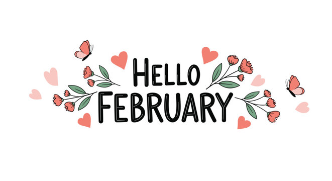 Delicate hello February floral banner with blooming pink flowers, green leaves, pink hearts, and flying butterflies.