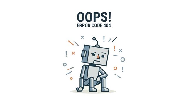 Oops Error Code 404, Website Page Not Found, Frustrated Robot Error Animation, Web Technology, Internet Failure, 4K