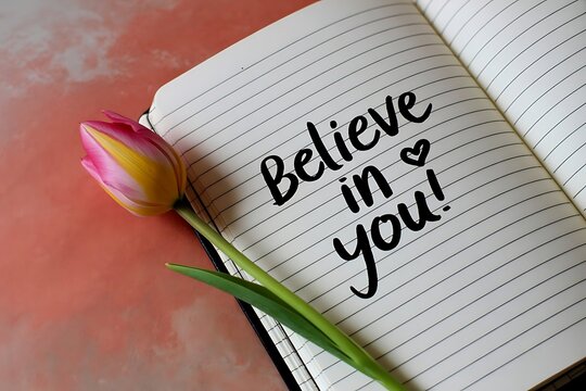 Open notebook with inspirational quote believe in you and spring tulip flower