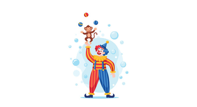 Happy circus clown balancing a cute little monkey on his hand while juggling colorful balls surrounded by blue bubbles.