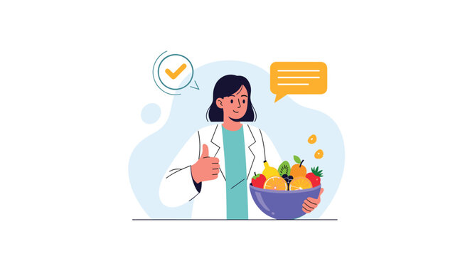 Professional female nutritionist holding a bowl of fresh fruits and showing thumbs up for healthy diet.