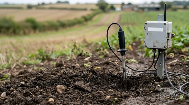 soil monitoring sensor installed in cultivated farmland for precision agriculture smart farming crop management environmental measurement and connected agricultural technology