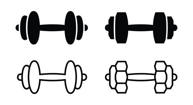 Four black dumbbell silhouettes display varying weight plate designs on a white background