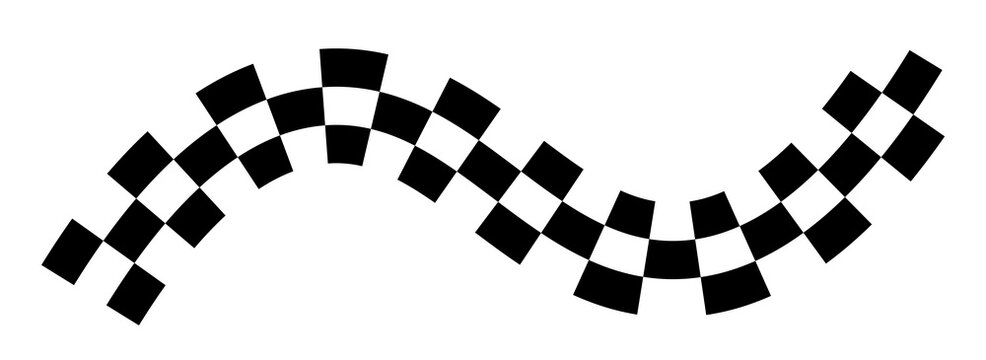 Abstract wavy checkered pattern, curved racing flag motif with alternating black and white squares, decorative sports and speed graphic, isolated on transparent background.