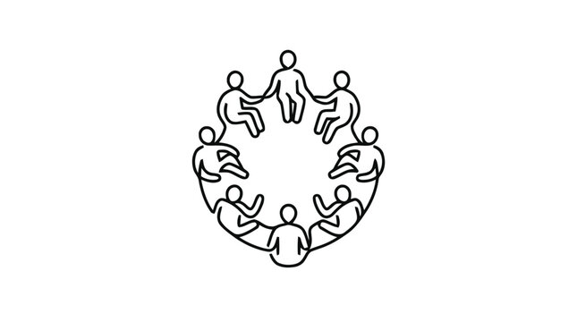 Community of stick figures holding hands in a circle represents unity and teamwork.
