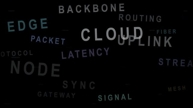Abstract motion graphic animation of network and cloud computing terminology floating through a dark digital tunnel.