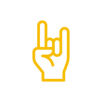 A yellow outline icon of a hand making the rock on gesture with index and pinky fingers extended.