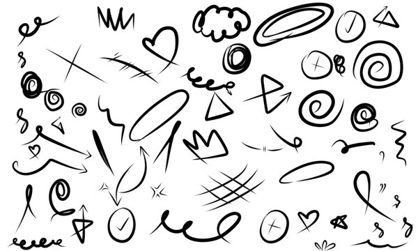 Hand-drawn black doodle elements set including arrows, circles, hearts, lines, and shapes on a white background for creative design
