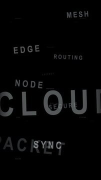 Vertical animation of network technology keywords floating in a dark digital tunnel.