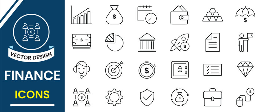Finance icon set. Line icon of income, salary, money, business and others. Outline icon of audit, money, financing, paycheck, growth, profit, and finance. Vector illustration.