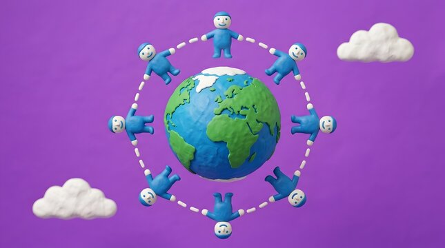 Claymation figures holding hands in a circle around a globe JPEG.